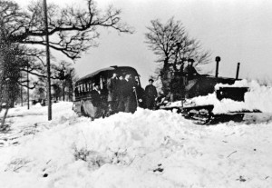 Bus stuck in snow outside Southam